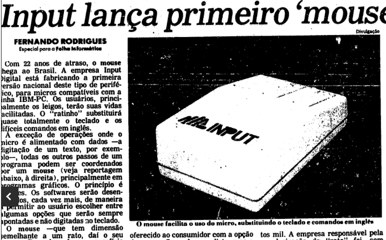 Fragmento de matéria de jornal mostrando o produto da Input e descrevendo o conceito de mouse