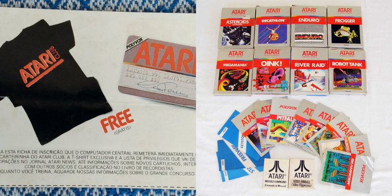 Folheto de inscrição no Clube Atari da Polyvox, e foto de vários cartuchos originais lançados pela marca.