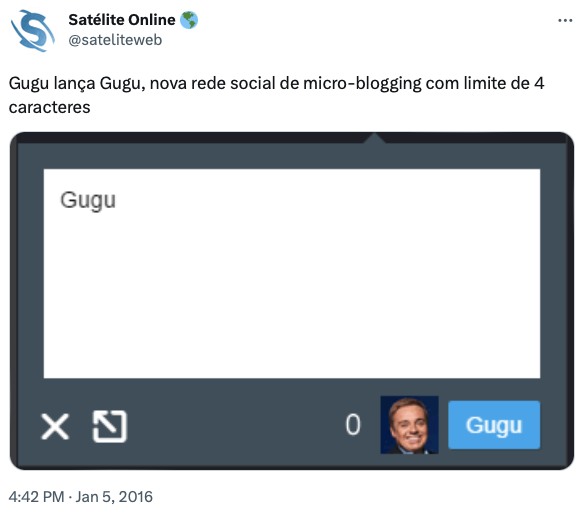 interface de rede social, com uma conta do Gugu digitando a palavra Gugu. No botão de postar, está escrito Gugu.
