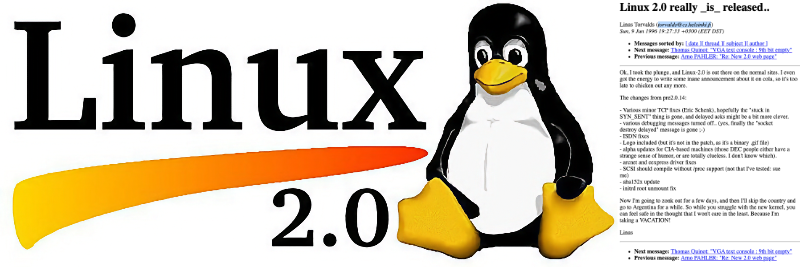 Banner do Linux 2.0, e e-mail de Linus com o título Linux 2.0 really _is_ released