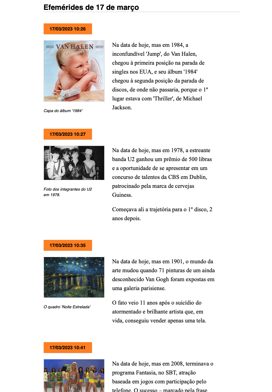 Página do álbum gerado, mostrando 4 efemérides do dia 17 de março, sobre Van Halen, U2 no início de carreira, Van Gogh e o programa Fantasia, do SBT