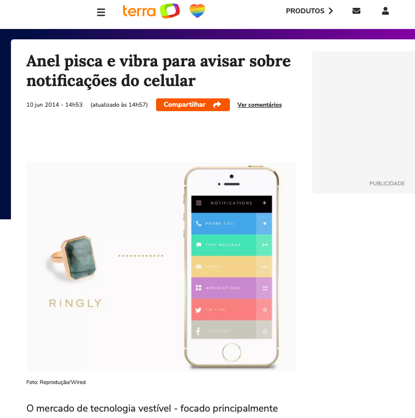 Matéria do Terra com título: Anel pisca e vibra para avisar sobre notificações do celular