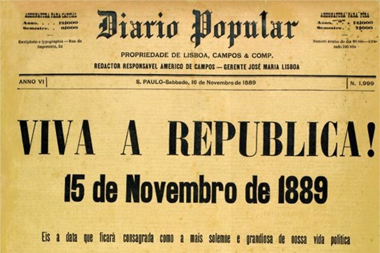 Exemplar amarelado do Diario Popular, com a manchete: “Viva a República!“