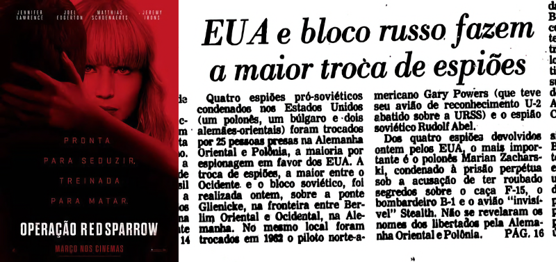 Cartaz de Operação Red Sparrow, e notícia com título: “EUA e bloco russo fazem a maior troca de espiões“
