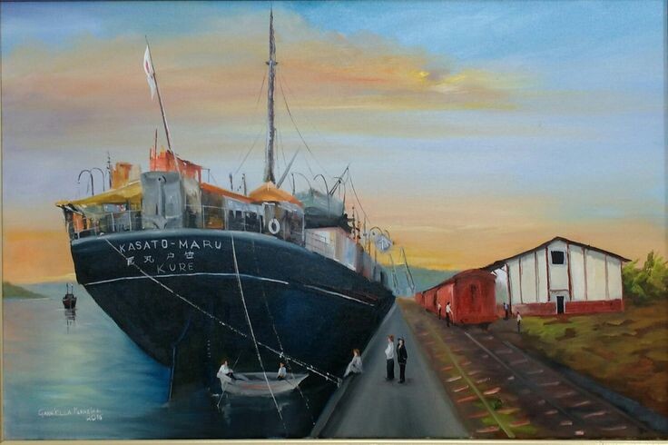 O Kasato Maru no porto, em pintura a óleo.