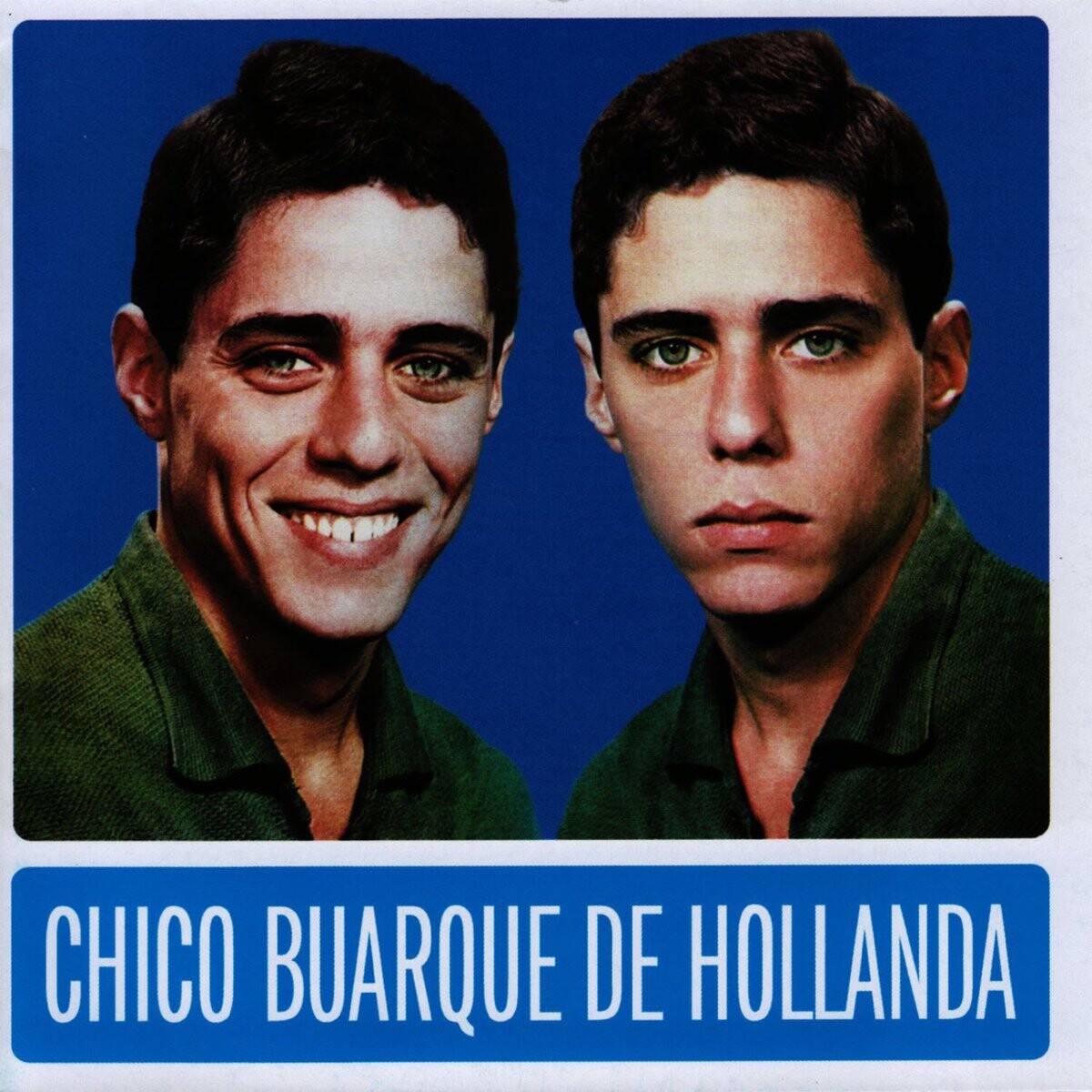 Capa do disco de Chico Buarque estampada por duas versões da sua face: sorridente e séria.