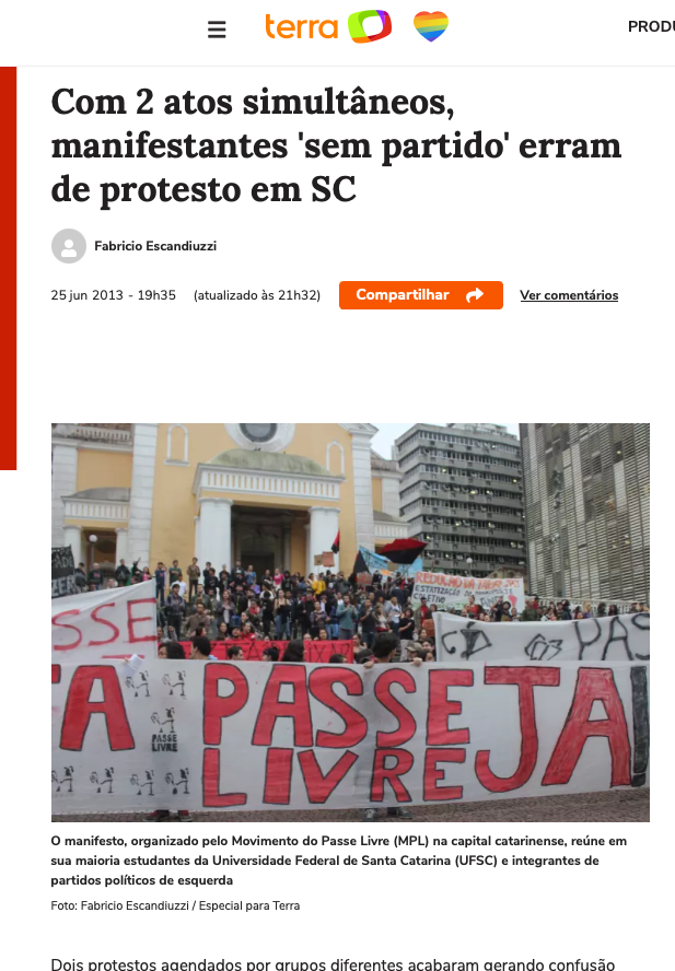 Print do conteúdo do link incluído no texto do post acima, com o título 'Com 2 atos simultâneos, manifestantes 'sem partido' erram de protesto em SC'