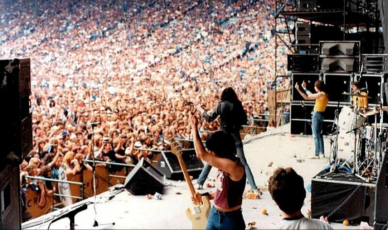 Ramones no palco, com Johnny, sem camisa, erguendo as duas mãos, com os dedos do meio em riste.