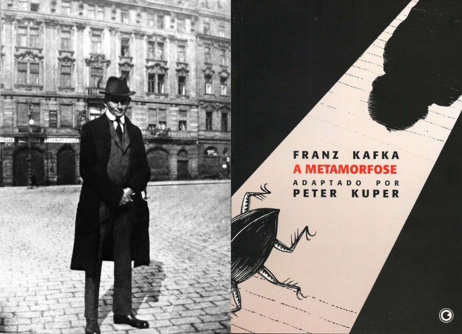 Foto em preto e branco de Franz Kafka, de chapéu e traje social de inverno, e capa de uma adaptação para quadrinhos de seu livro A Metamorfose<br>