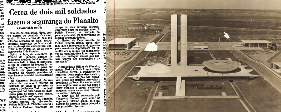 Notícia sobre o aparato de segurança, com o título “Cerca de dois mil soldados fazem a segurança do Planalto“, e foto da praça dos 3 poderes em vista aérea na década de 1960