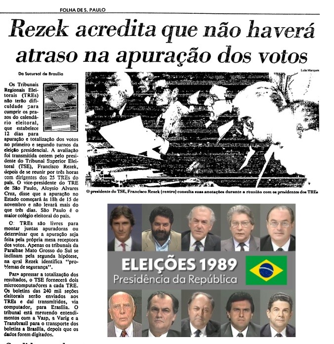 Reportagem da Folha com o título 'Rezek acredita que não haverá atraso na apuração dos votos', e banner com fotos de candidatos à Presidência em 1989.