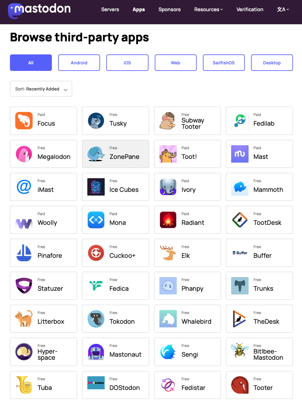 Matriz de 9 x 4 ícones, títulos e links para apps do Mastodon para Android, iOS, Web, Desktop e mais (até DOS!).