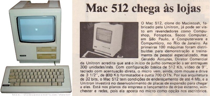 Um Unitron Mac 512 e a matéria anterior, da revista Micro Sistemas, sobre a chegada das máquinas de demonstração às lojas