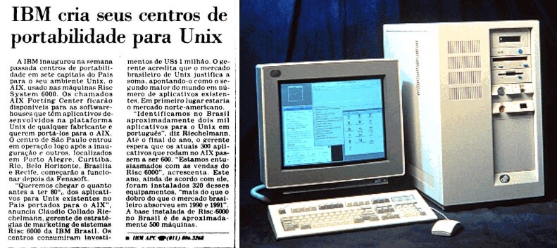 IBM RS6000 rodando AIX, e a notícia com título: IBM cria seus centros de portabilidade para Unix