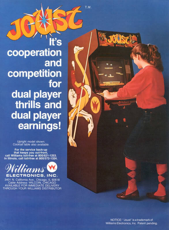Anúncio da máquina Joust, para jogos de fliperama, mostra moça jogando uma partida individual.