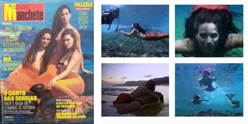 Capa da revista Manchete com as 3 sereias protagonistas, e 4 cenas da minissérie
