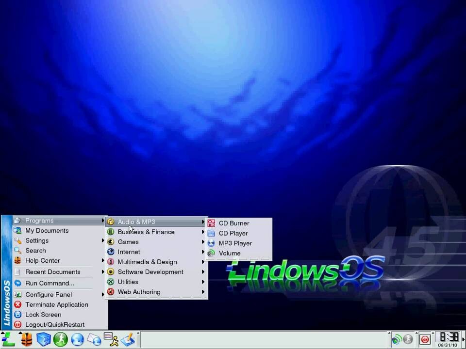 Desktop e menu Iniciar do Lindows