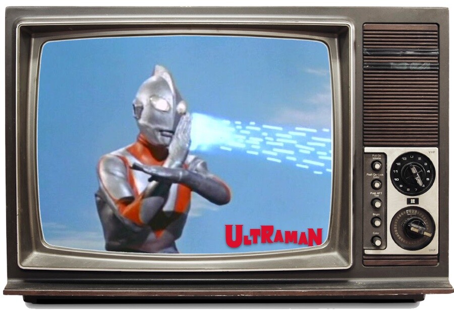 Cena do Ultraman, com os braços cruzados em frente ao corpo, em meio a efeitos visuais.<br>