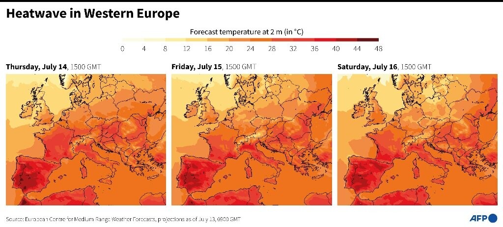 Mapas térmicos mostrando a onda de calor do meio de julho de 2022 na Europa