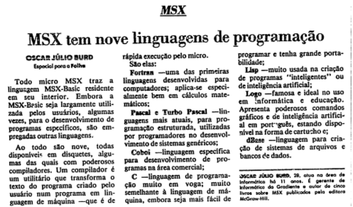 Artigo de Oscar Julio Burd com o título “MSX tem nove linguagens de programação“