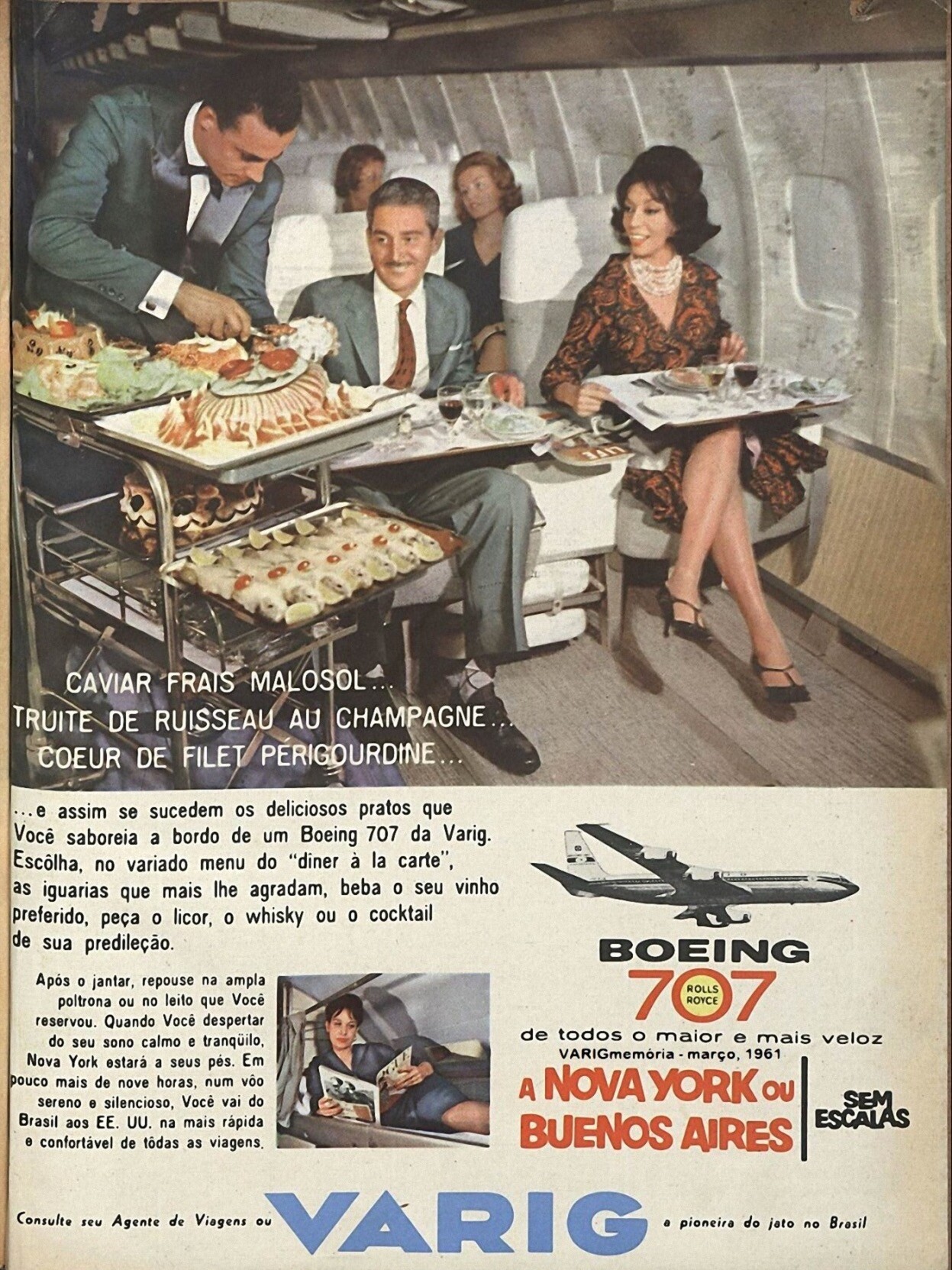 Anúncio da Varig em 1961, enfatizando o serviço de bordo