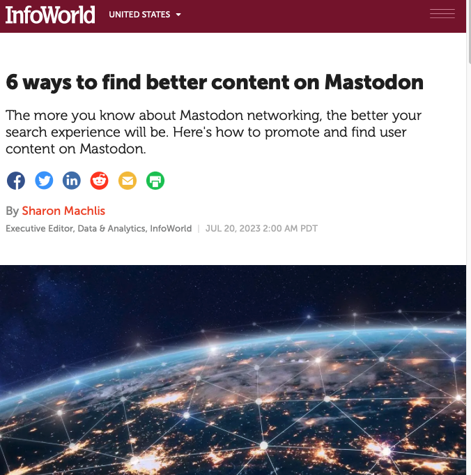 Topo do artigo do link acima, com o título “6 ways to find better content on Mastodon“