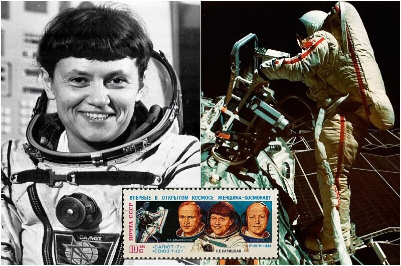 A face e o feito de Svetlana, em 2 fotos e em um selo postal