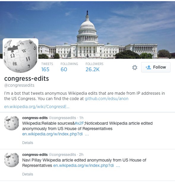 Um bot que acompanhava no Twitter as alterações da Wikipedia feitas por computadores do Congresso dos EUA