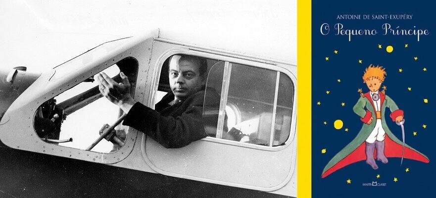 Exupéry na cabine de piloto, e capa de O Pequeno Príncipe<br>