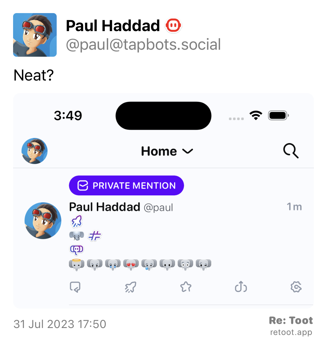 Post by Paul Haddad. “Neat?“ The post contains an image with no description. Posted on 31 Jul 2023 17:50