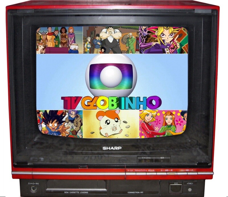 Mosaico da TV Globinho e de 6 dos desenhos que eram exibidos no programa, começando pela Caverna do Dragão