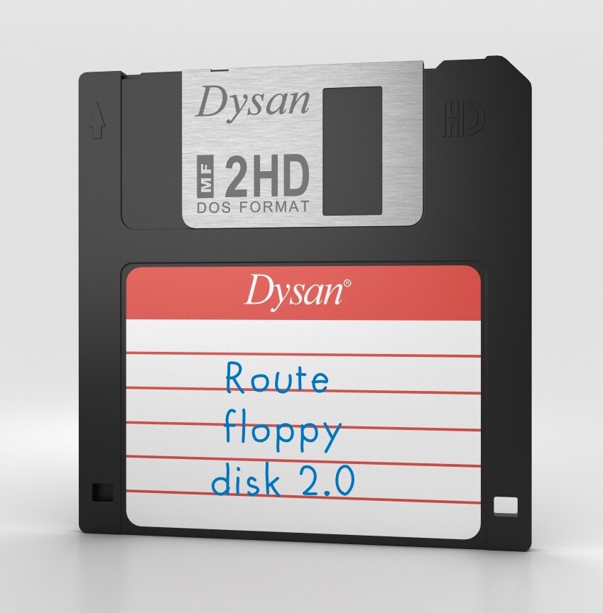 Um disquete com “Route floppy disk 2.0“ escrito na etiqueta