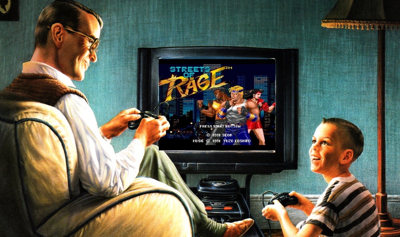 Pai e filho dos anos 50 jogam Streets of Rage em um videogame da Sega
