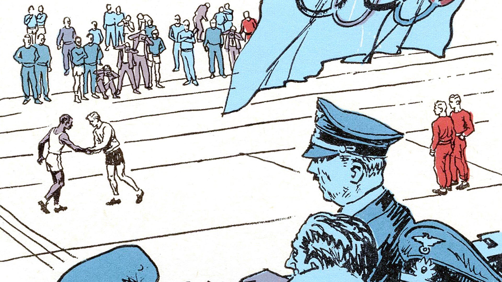 Arte mostra Hitler vendo Owens receber os cumprimentos na pista