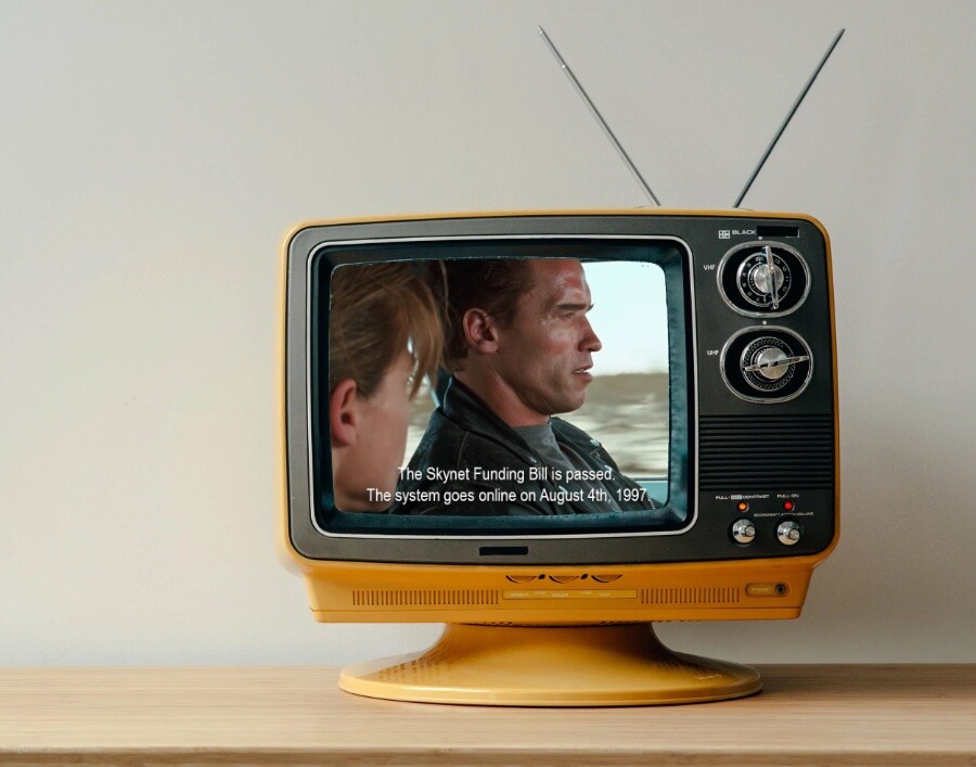 Cena em qye o andróide vivido por Schwarzenneger descreve a cronologia da Skynet