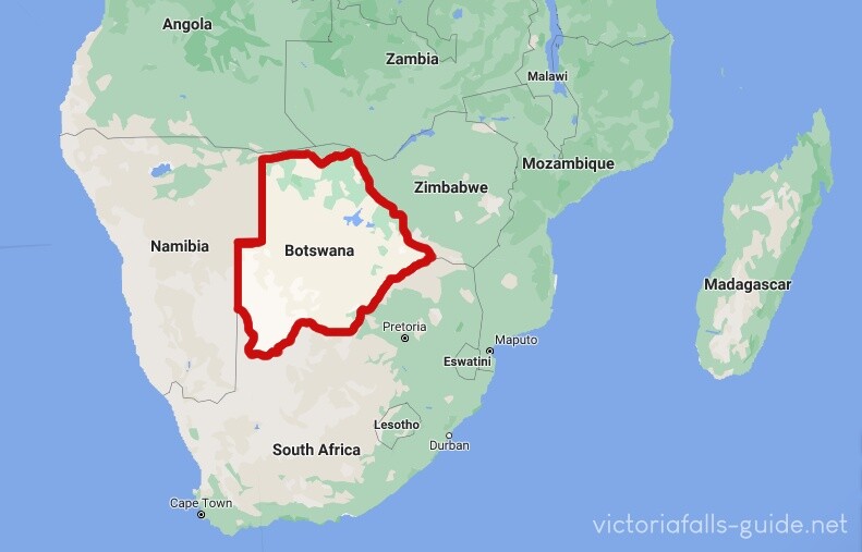 Mapa do sul do continente africano com as fronteiras de Botswana em destaque