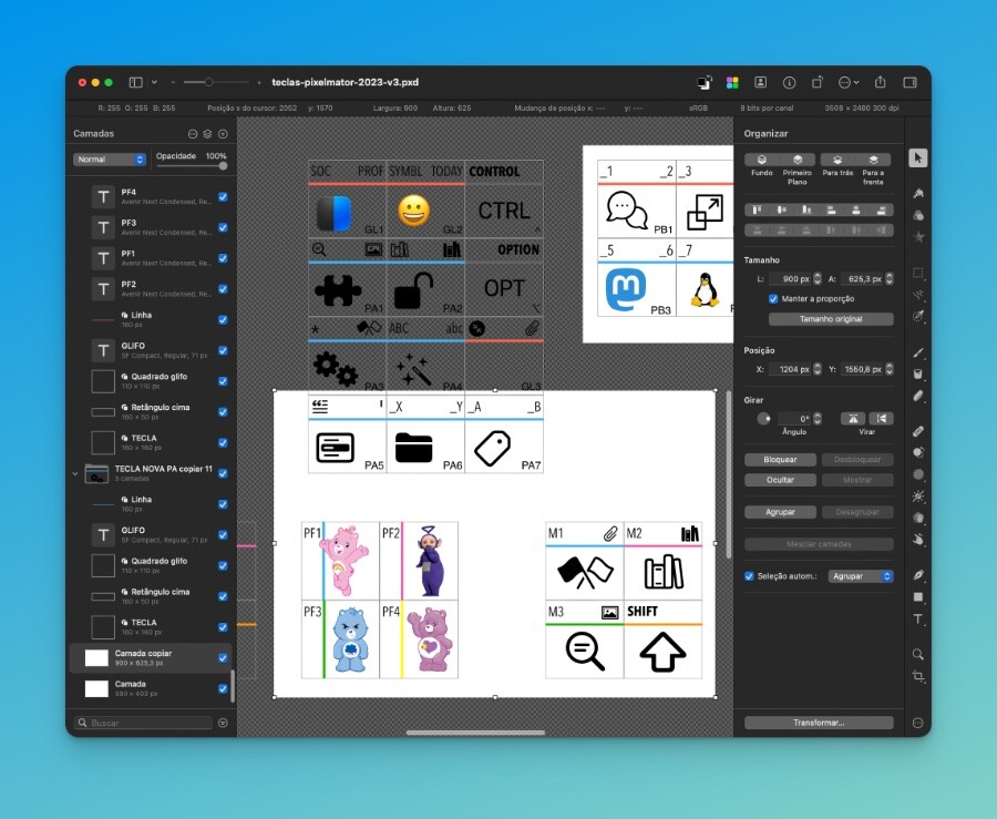 Tela do Pixelmator com vários conjuntos de teclas personalizadas abertos para edição