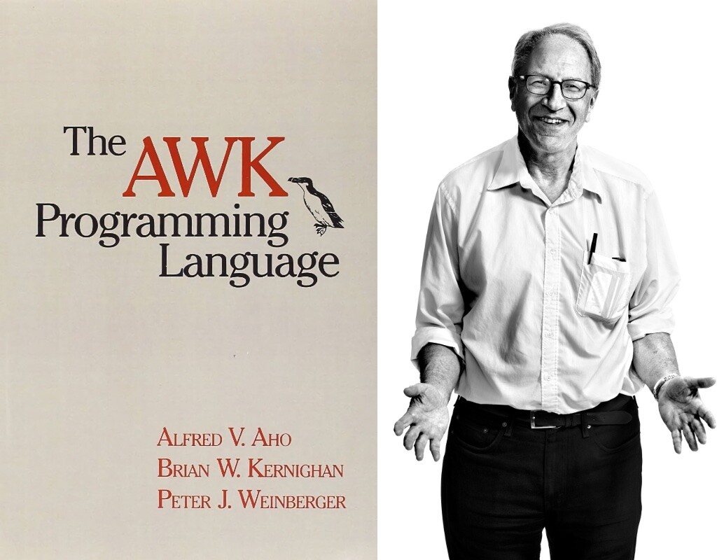 A capa do livro dos autores da linguagem AWK descrevendo-a, e foto de Weinberger