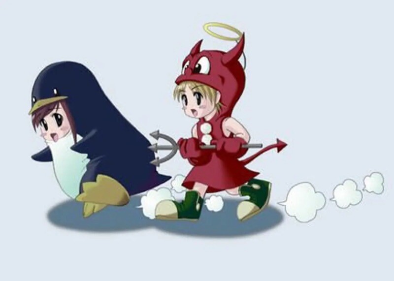 Alegoria com os mascotes do Linux e dos BSDs