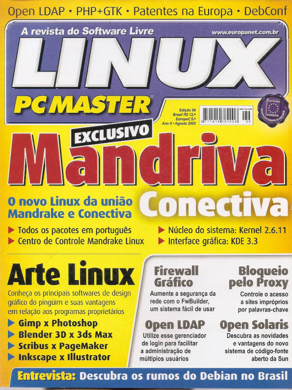 Capa da Linux PC Master 99, com a manchete:<br><br>Exclusivo: Mandriva COnectiva - O novo Linux da união Mandrake e Conectiva
