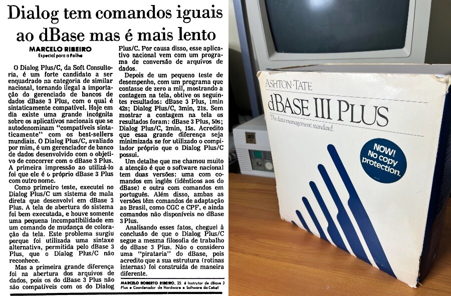 Caixa do dBase III Plus e matéria da Folha descrevendo o DIalog, com o título: Dialog tem comandos iguais ao dBase mas é mais lento.
