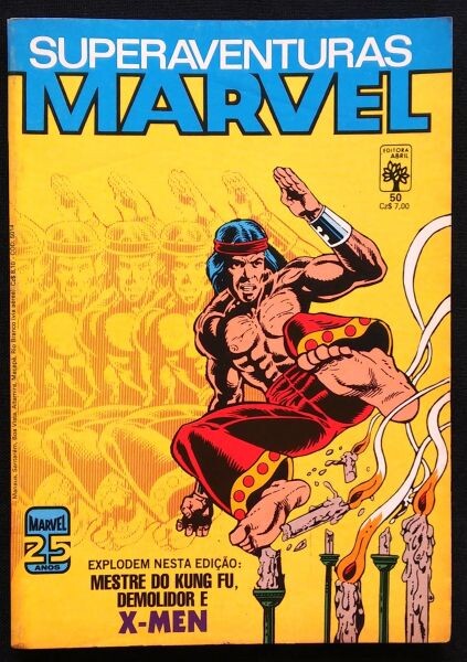 Capa de Superaventuras Marvel n. 50, com o título:<br><br>EXPLODEM NESTA EDIÇÃO: MESTRE DO KUNG FU, DEMOLIDOR E X-MEN