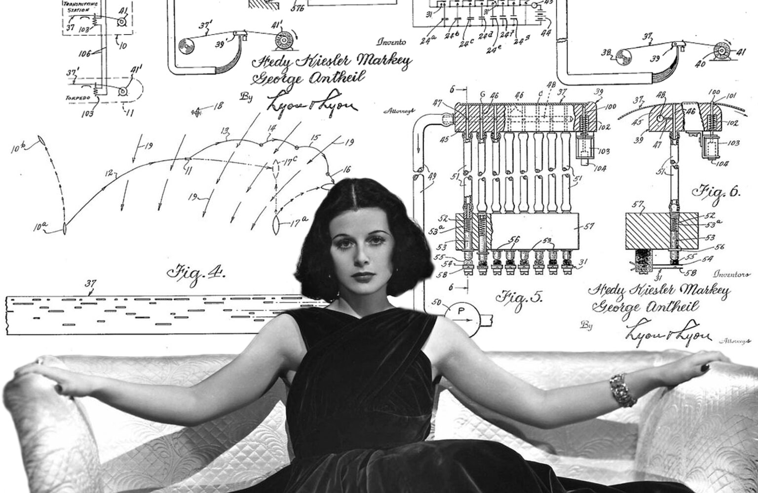 A atriz Hedy Lamarr e diagramas da sua patente de telecomunicações