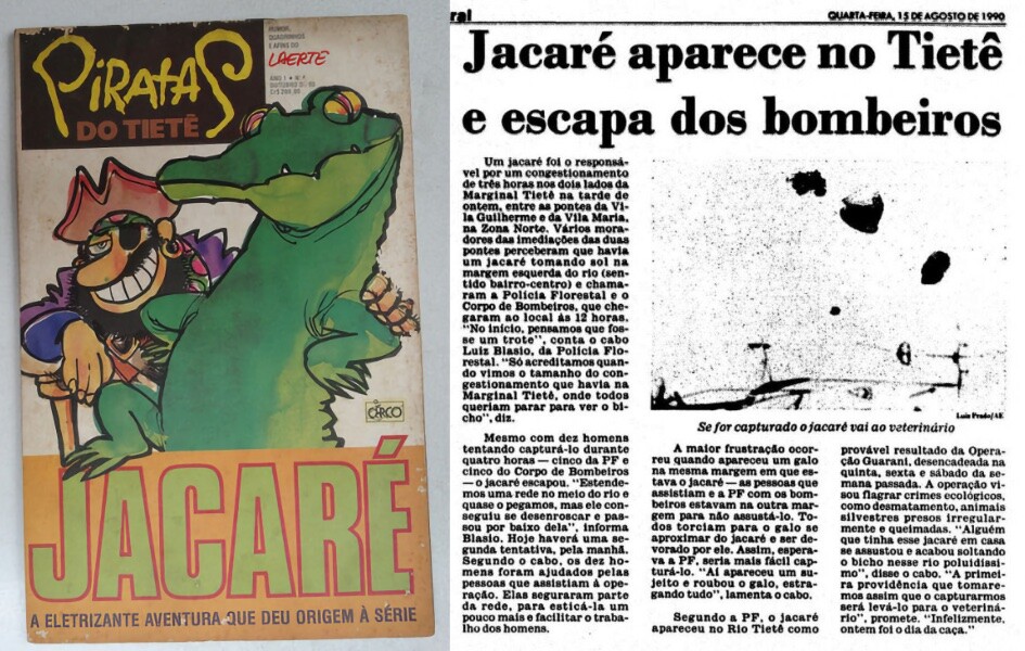 Capa de revista da Laerte com o título: JACARÉ - A eletrizante aventura que deu origem à série<br><br>Recorte de jornal do dia seguinte com o título: Jacaré aparece no Tietê e escapa dos bombeiros