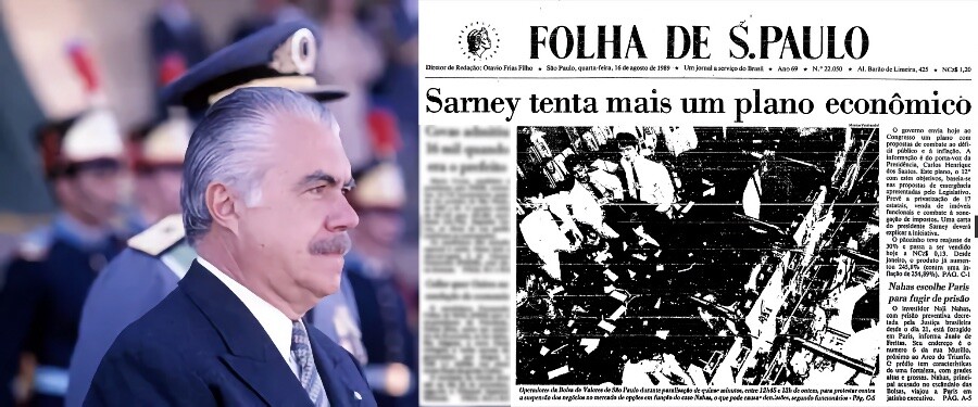 Montagem de foto de Sarney e reprodução da capa da Folha com a manchete: Sarney tenta mais um plano econômico
