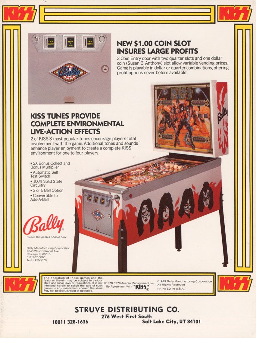 Flyer da máquina de fliperama do Kiss, da Bally