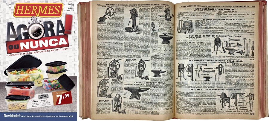 Capa de um catálogo Hermes e páginas internas de um catálogo Sears