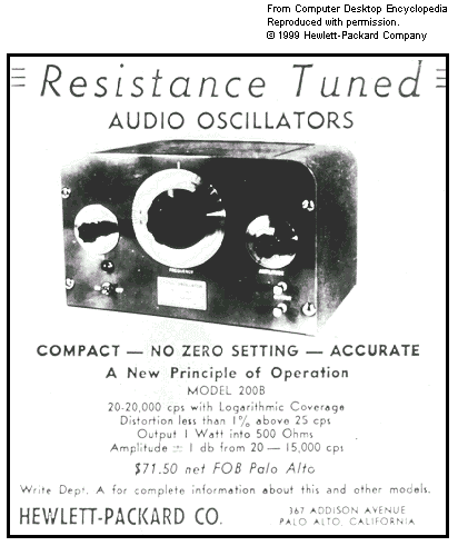 Anúncio dos osciladores de áudio do começo da carreira da HP