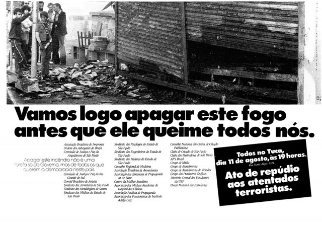 Chamamento para um ato contra a onda de atentados terroristas que tentavam prejudicar a transição para a democracia