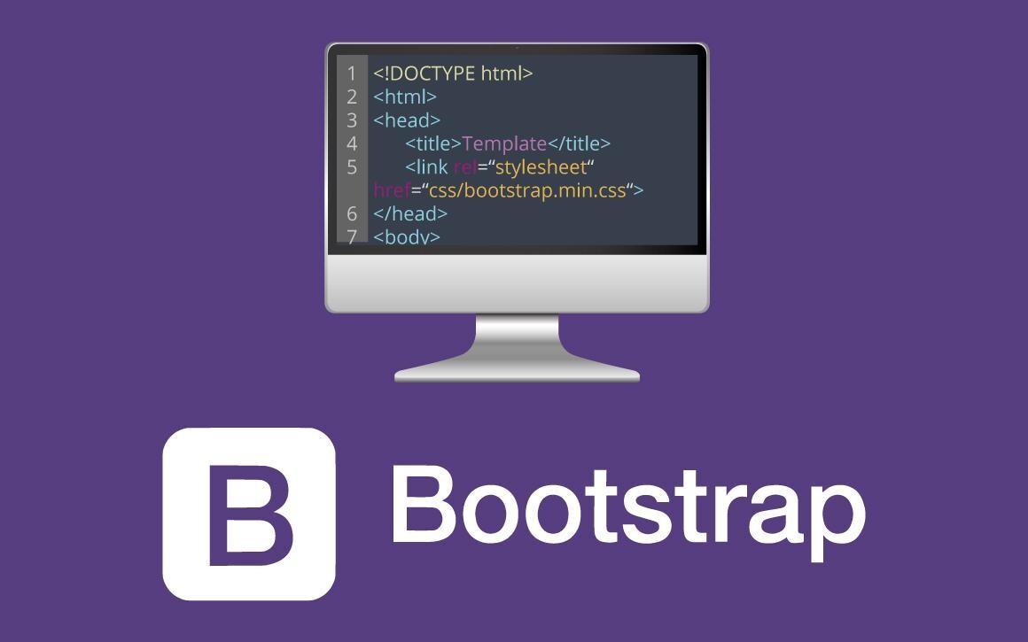 Logo e trecho de exemplo de código de inserção do bootstrap em uma página web mínima